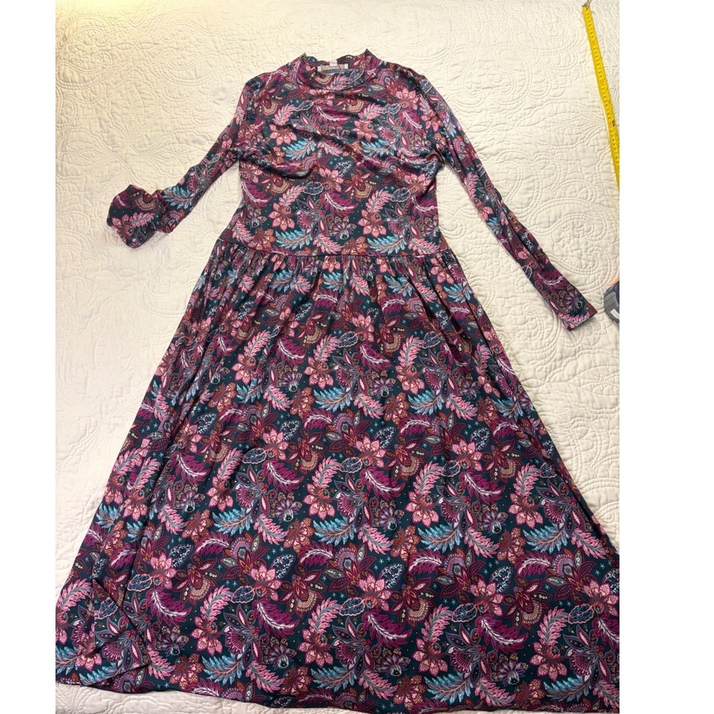 LOFT Maxi Dress Medium Purple Floral Paisley Mock Neck Boho Whimsigoth‎